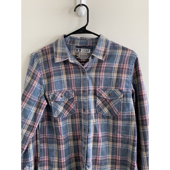 Puck Women’s Blue Pink Plaid Button Shirt Cotton Blend Size Medium - Picture 3 of 7